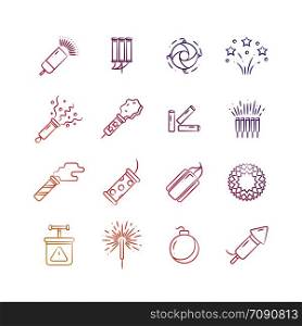 Bright holiday pyrotechnic line vector icons. Festival fireworks elements design. Firework for festival event, firecracker explosion, celebrate party illustration. Bright holiday pyrotechnic line vector icons. Festival fireworks elements design
