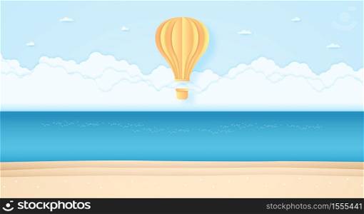 bright hot air balloon flying above sea in the blue sky and beach, paper art style