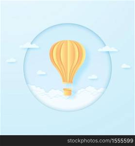 bright hot air balloon flying in the blue sky and cloudscape, paper art style