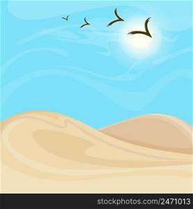 Bright hot desert landscape background with sand dunes and flock of flying birds vector illustration. Bright Hot Desert Landscape Background