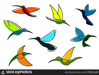 Bright hummingbirds in flight with colorful plumage in orange, blue and green flowing lines isolated on white background. Blue, orange and green hummingbirds icons