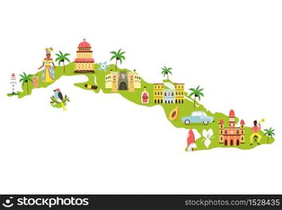 Bright illustrated map of Cuba with symbols, icons, famous destinations, attractions. For travel guides, banners, posters. Bright illustrated map of Cuba with symbols, icons, famous destinations, attractions.