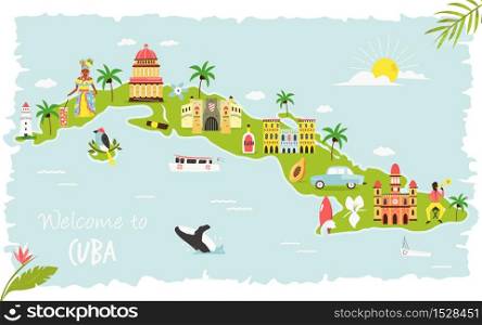 Bright illustrated map of Cuba with symbols, icons, famous destinations, attractions. For travel guides, banners, posters. Bright illustrated map of Cuba with symbols, icons, famous destinations, attractions.