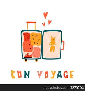 Bright illustration of an open suitcase with different stuff for vacation. Lettering text BON VOYAGE. Vector card in a flat style. Open suitcase with different stuff for vacation