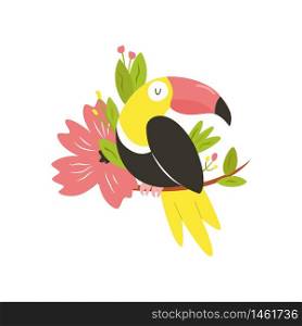Bright illustration of cute toucan bird in tropical flowers. Exotic bird. Bright illustration of cute toucan bird in flowers
