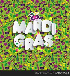 Bright illustration on seamless texture and sign Mardi gras. Carnival.. Bright illustration on seamless texture and sign Mardi gras. Carnival, paper style text.