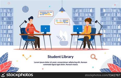 Bright Illustration Student Library at University. Guy and Girl are Sitting Public Library at Table with Laptops and Taking Notes, Slide. Library Interior with Bookshelves, Cartoon.