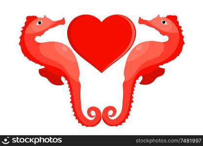 Bright image of two lovers seahorses. The symbol of true love. The concept of Valentine&rsquo;s Day. Cartoon vector illustration style.