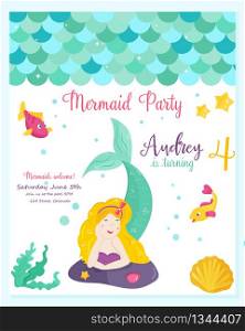 Bright invitation card with cute fairy mermaid. Birthday party card template. Vector illustration. Bright invitation card with cute fairy mermaid
