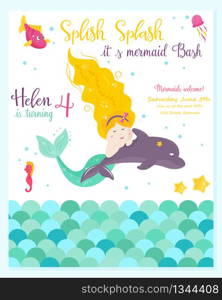 Bright invitation card with cute fairy mermaid. Birthday party card template. Vector illustration. Bright invitation card with cute fairy mermaid