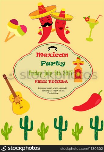 Bright invitation template for mexican or spanish party. Invitation template for mexican party
