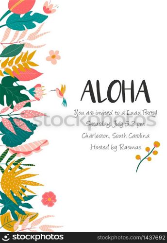 Bright invitation with flowers and palm leaves. Party invitation template, greeting card, banner. Bright invitation with flowers and palm leaves.