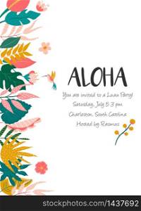 Bright invitation with flowers and palm leaves. Party invitation template, greeting card, banner. Bright invitation with flowers and palm leaves.