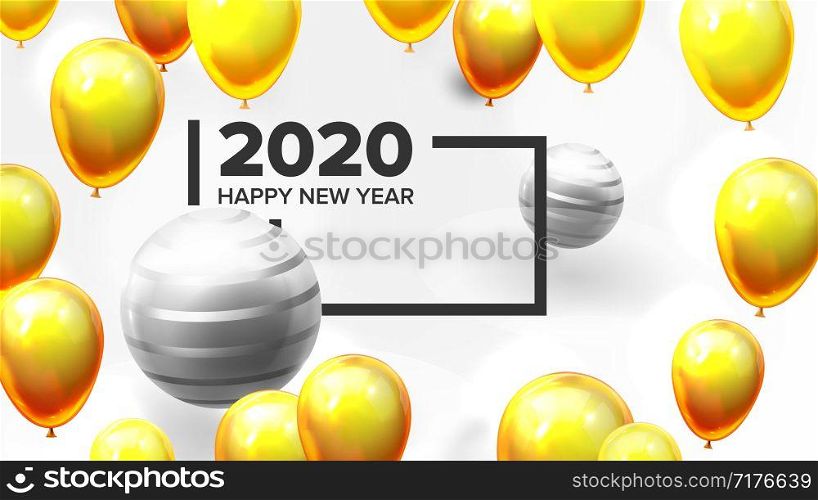 Bright Invite Card Happy New Year Banner Vector. Greeting-card Decorated Yellow Air Balloons And Golden Foil Celebration Background. Horizontal Postcard 3d Illustration. Bright Invite Card Happy New Year Banner Vector