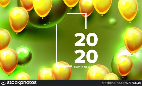 Bright Invite Card Happy New Year Banner Vector. Greeting-card Decorated Yellow Air Balloons And Golden Foil Celebration Green Background. Horizontal Postcard 3d Illustration. Bright Invite Card Happy New Year Banner Vector