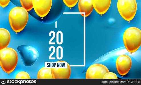 Bright Invite Card Happy New Year Banner Vector. Greeting-card Decorated Yellow Air Balloons And Golden Foil Celebration Blue Background. Horizontal Postcard 3d Illustration. Bright Invite Card Happy New Year Banner Vector
