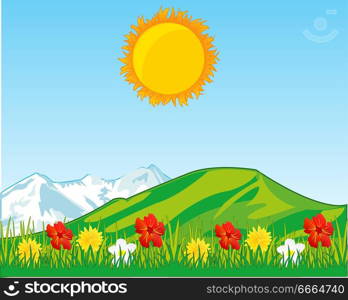 Bright landscape of the mountains and year glade with flower. Year glade with flower and mountains on back plan