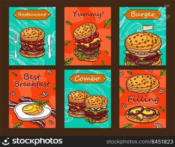 Bright leaflet designs for fast food restaurant. Creative postcards with tasty burgers or breakfast. Unhealthy meal and nutrition concept. Template for promotional postcard or brochure