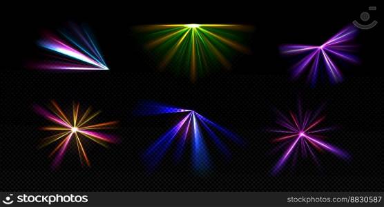 Bright light beams, laser rays, neon glow effect. Abstract flares, color flashes of disco ball, party lights with rays isolated on transparent background, vector realistic set. Bright light beams, laser rays, neon glow effect