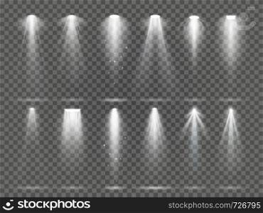 Bright lighting projector beams on theater stage. Rays of studio floodlights, white spotlight light and floodlight lights inside theater studio vector set collection on checkered background. Bright lighting projector beams on theater stage. Rays of studio floodlights, white spotlight light and floodlight lights vector set