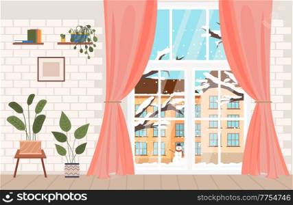 Bright living room cozy interior with modern furniture and winter landscape outside the window. Flat style vector illustration. Large window with curtains, snowman and snow-covered tree outside. Bright living room interior with modern furniture and winter landscape outside the window