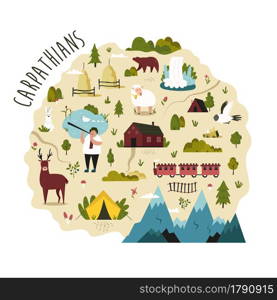 Bright map of Carpathians region with landscapes, symbols, animals. Vector design with tourist attractions. For travel guides, posters, leaflets.. Bright map of Carpathians region with landscapes, symbols, animals.