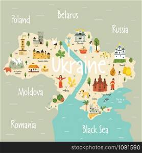 Bright map of Ukraine with landscape, symbols,food buildings, cities, characters. Vector design with tourist attractions. For travel guides, posters, leaflets.. Bright map of Ukraine with landscape, symbols