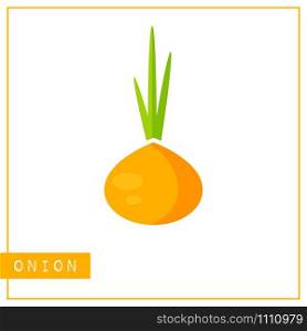 Bright memory training card with colorful vegetable. Flat design isolated orange color onion or bulb with shine and shade. Vector illustration for vegan infographic, kid game or school vitamin poster. Isolated orange onion memory training card