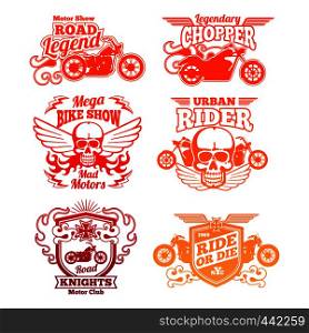 Bright motorcycle labels. Motorbike retro badges and logos isolated on white. Vector illustration. Bright motorcycle labels. Motorbike retro badges and logos