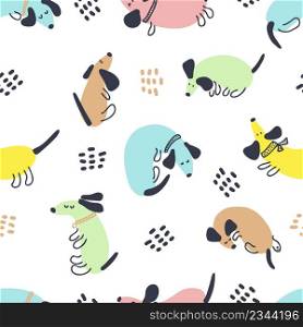 Bright multicolor summer seamless pattern of playing dachshunds and drops. Design for T-shirt, textile and prints. Hand drawn vector illustration.