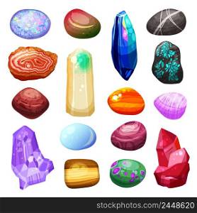 Bright multicolored crystal stones and rocks of different size and shape with various textures on white background cartoon isolated vector illustration. Crystal Stone Rocks Icons Set