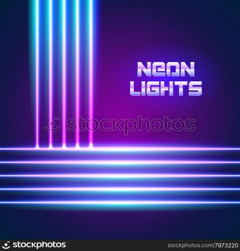 Bright neon lines background with 80s style and chrome letters