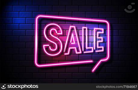 Bright Neon Sale Sign. Retro neon sale sign on dark background. Ready for your design, advertising, banner.