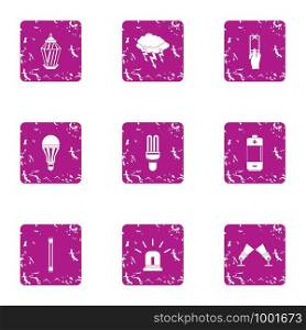 Bright night icons set. Grunge set of 9 bright night vector icons for web isolated on white background. Bright night icons set, grunge style