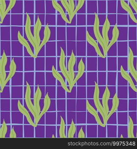 Bright ocean flora seamless pattern with hand drawn seaweed ornament. Purple chequered background. Designed for fabric design, textile print, wrapping, cover. Vector illustration. Bright ocean flora seamless pattern with hand drawn seaweed ornament. Purple chequered background.