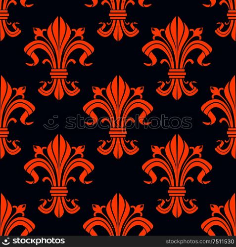 Bright orange fleur-de-lis seamless pattern with ornate floral compositions of curled leaves and buds on dark blue background. Wallpaper, textile or interior accessories design usage. Orange floral fleur-de-lis seamless pattern