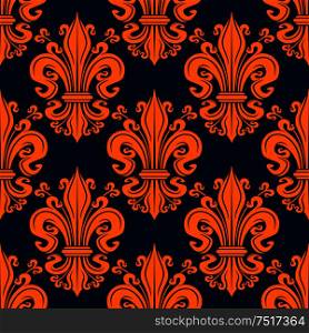 Bright orange ornamental fleur-de-lis background for monarchy theme or vintage interior design with seamless pattern of decorative lily flowers and buds tied into elegant bunches on dark blue background. Seamless orange fleur-de-lis background pattern