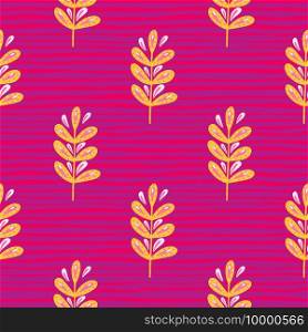 Bright orange seamless pattern with leaf branches shapes. Pink striped background. Vintage backdrop. Designed for fabric design, textile print, wrapping, cover. Vector illustration.. Bright orange seamless pattern with leaf branches shapes. Pink striped background. Vintage backdrop.