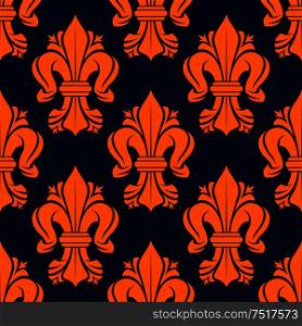 Bright orange victorian fleur-de-lis pattern with seamless motif of leaf scrolls compositions decorated by flourishes on dark blue background. Use as vintage fabric print or interior accessories design. Orange victorian fleur-de-lis seamless pattern