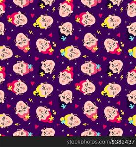 Bright pattern with comical funny girly faces, hearts and stars on a purple background. Pink vibrant pattern with comical funny girly faces,