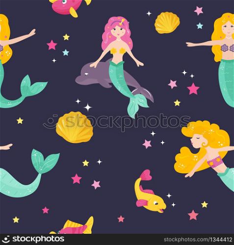 Bright pattern with cute mermaids, fishes and sea shells.. Bright pattern with cute mermaids and fishes