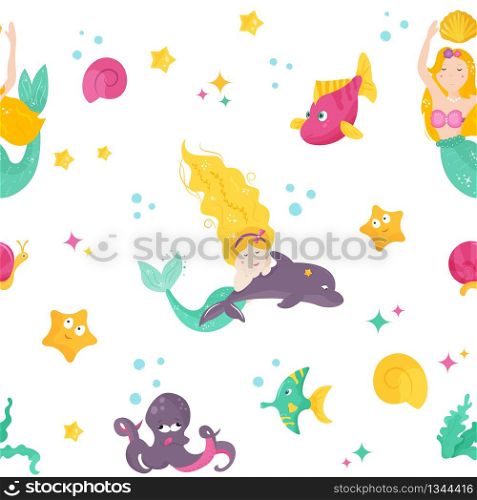 Bright pattern with cute mermaids, fishes and sea shells.. Bright pattern with cute mermaids, do;phin, fishes