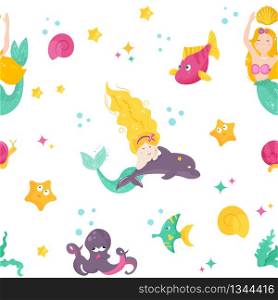 Bright pattern with cute mermaids, fishes and sea shells.. Bright pattern with cute mermaids, do;phin, fishes