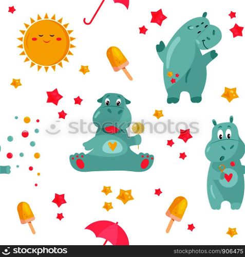 Bright pattern with funny hippos and smiling sun. Good for gift packaging.. Bright pattern with funny hippos and smiling sun.