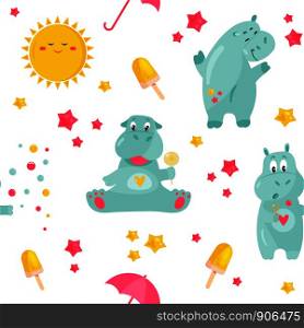 Bright pattern with funny hippos and smiling sun. Good for gift packaging.. Bright pattern with funny hippos and smiling sun.