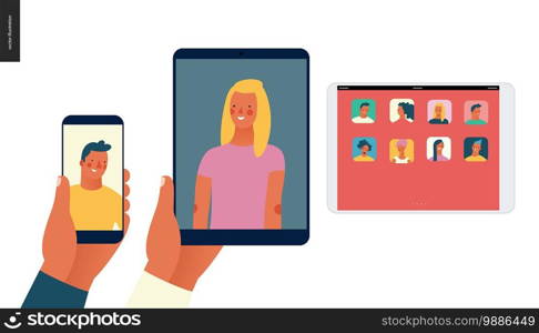 Bright people portraits - hand drawn flat style vector concept illustration of video call, man and woman - a hand holding phone and tablet with a video chat, and a tablet with a screen with app icons. Bright people portraits