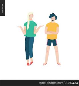 Bright people portraits - hand drawn flat style vector design illustration of serious young man standing with his arms crossed and a young woman standing writhing her hands, concept illustration. Bright people portraits - young man and woman