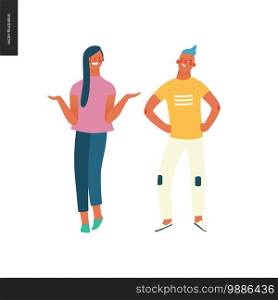 Bright people portraits - hand drawn flat style vector design illustration of a young brunette sunburnt woman standing writhing her hands and a smiling boy standing with arms akimbo, concept illustration. Bright people portraits - young man and woman
