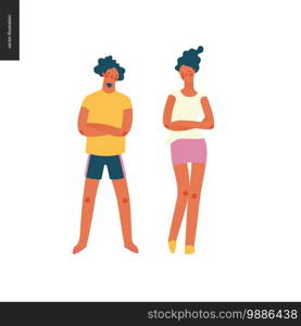 Bright people portraits -hand drawn flat style vector design illustration of serious young sunburnt man wearing shorts and a young woman standing standing with their arms crossed, concept illustration. Bright people portraits - young man and woman