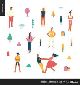 Bright people portraits pattern - young men and women - set of various posing people in fashion colors -standing with arms akimbo, crossed arms, whirling couple holding their hands, concept characters. Bright people portraits set - young men and women